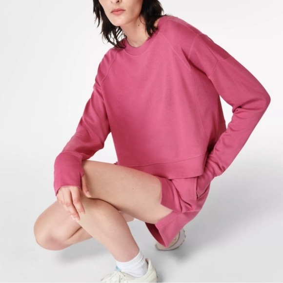 Sweaty Betty Tops - SWEATY BETTY Cropped Sweatshirt 12 Organic Cotton Athleisure Loungewear Gym Pink